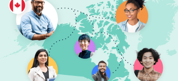 An illustrated map of Canada featuring diverse photos of citizens and immigrants in Canada.
