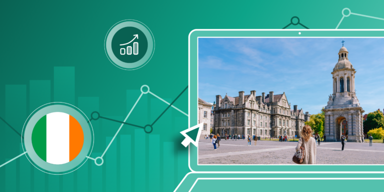 A student stands on the Trinity College Dublin campus in Ireland, framed by a green illustrated background featuring the Irish flag and bar charts.