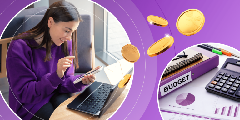 A female international student holds her phone while sitting in front of a laptop, planning a budget for study abroad. She is framed by illustrated coins, and a photograph of a calculator, spreadsheets, and budget books.