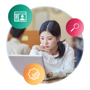 A student looks at a laptop in a sunny library, surrounded by illustrations of a checkmark, magnifying glass, and ID card