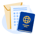 An illustration of a large manila envelope, a blue passport, and a blue and grey scantron answer sheet. These visa documents represent the UK undergraduate application process.